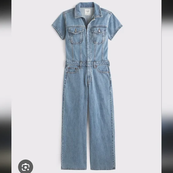 Abercrombie & Fitch Medium Wash Short Sleeve Straight Leg Tall Denim Jumpsuit - Picture 13 of 13